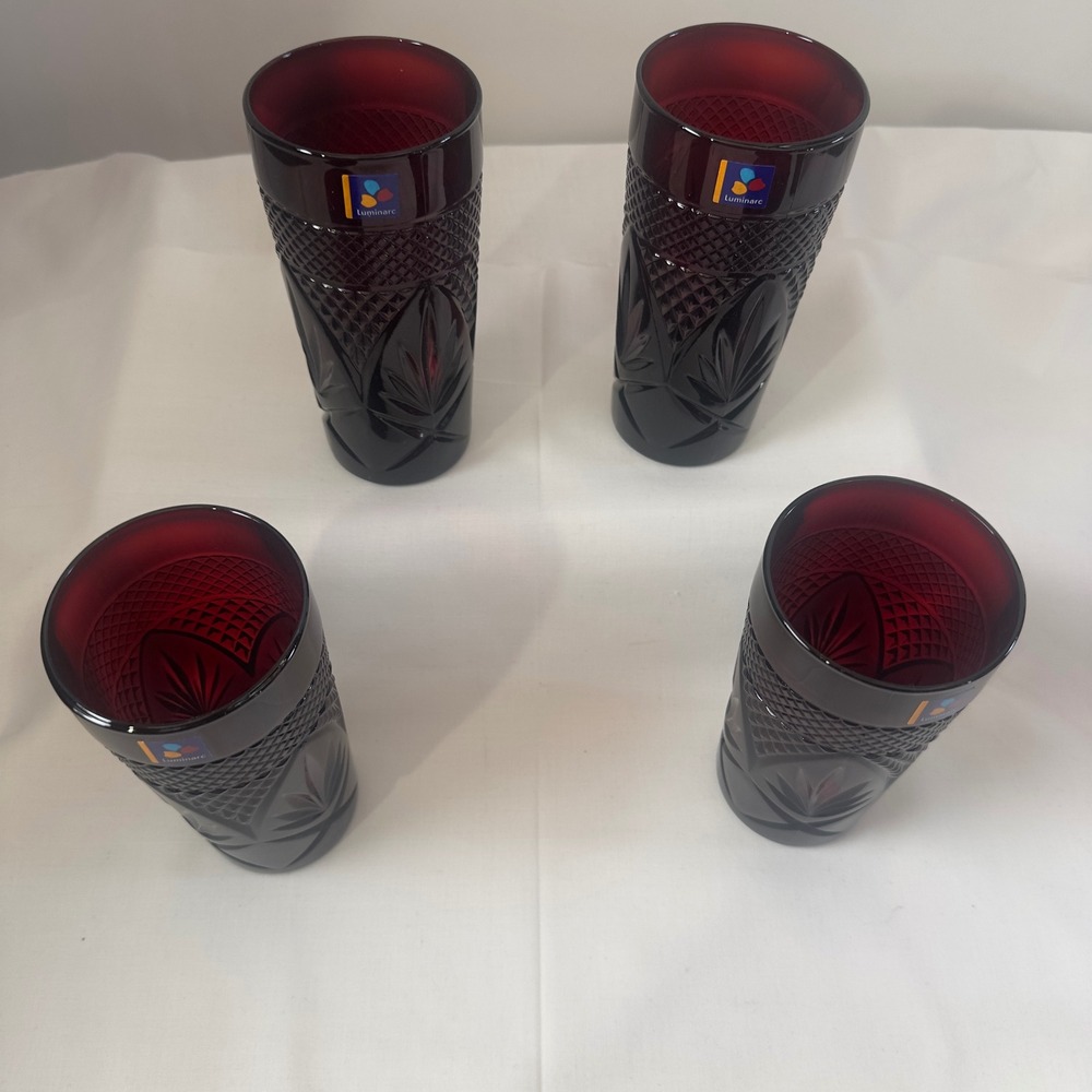 4 Luminarc Ruby Tumblers 6.25"Highball‎ Glasses Diamond Leaf Cut
